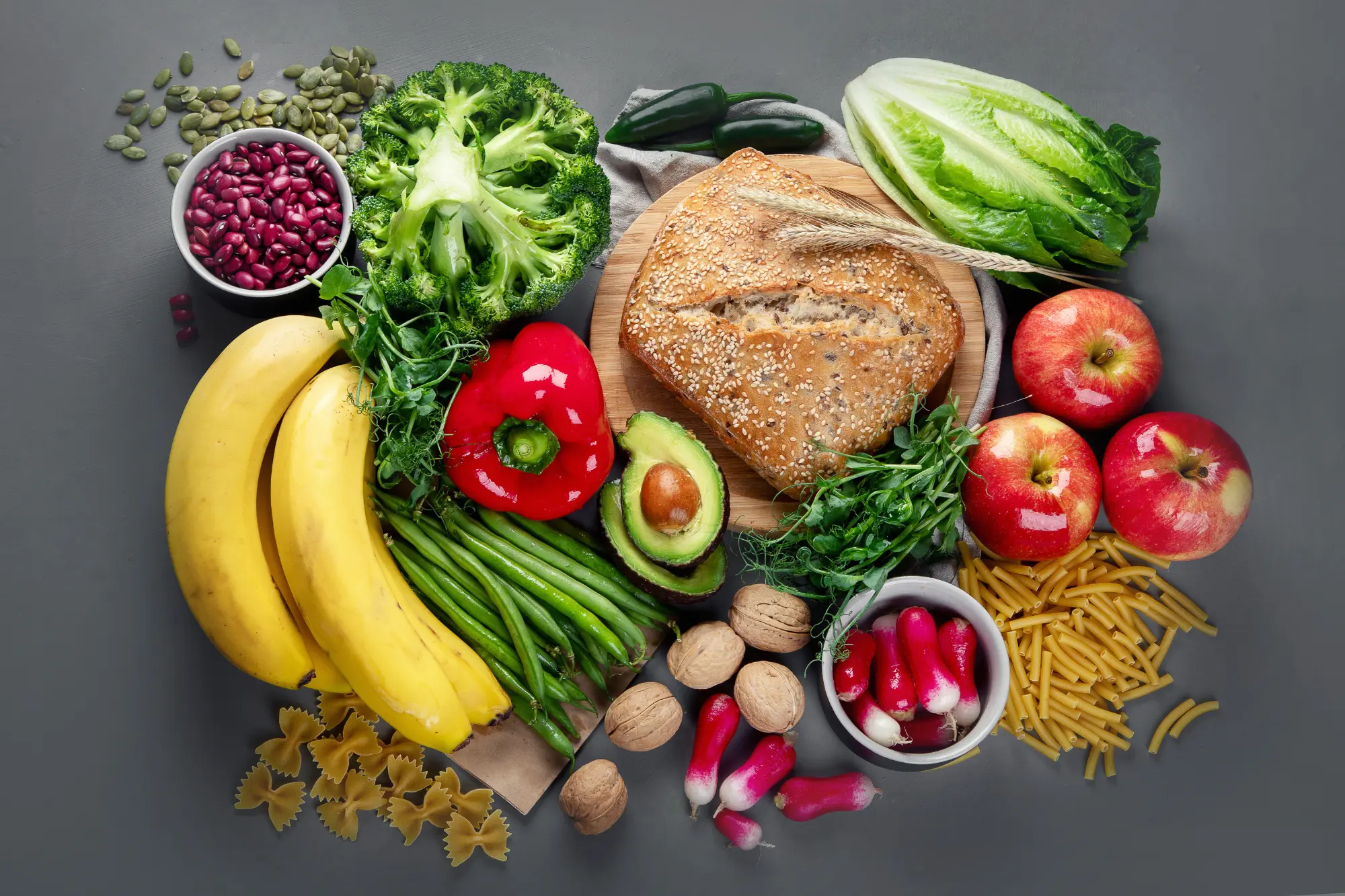 Fresh fruits, greens, and whole grains